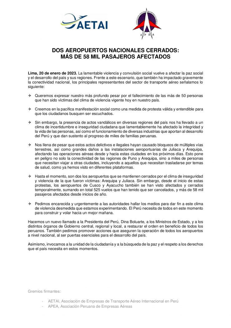 Gremios aéreos instan orden tras registrarse más de 58 mil pasajeros afectados por las protestas