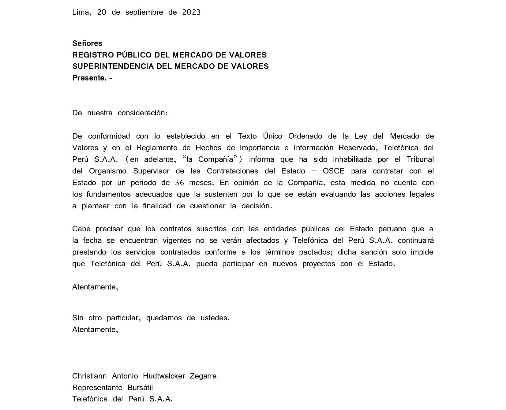 Telefónica es inhabilitada de contratar con el Estado peruano por 3 años