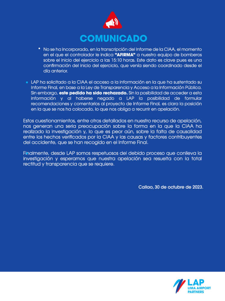 LAP denuncia deficiencias en informe final sobre accidente de bomberos en aeropuerto Jorge Chávez