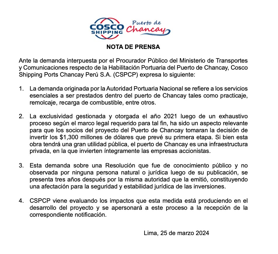 Cosco Shipping responde a demanda por exclusividad en megapuerto de Chancay: "afecta inversiones"