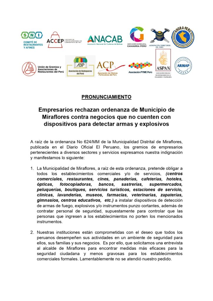 Empresarios rechazan ordenanza de Miraflores sobre detectores de armas en negocios