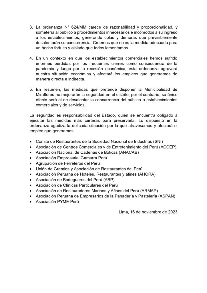 Empresarios rechazan ordenanza de Miraflores sobre detectores de armas en negocios