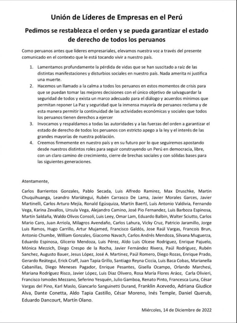 Líderes empresariales peruanos exhortan "orden y garantías" ante protestas