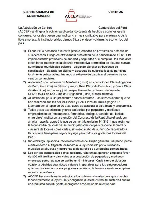 Asociación de Centros Comerciales rechaza cierres arbitrarios e "injustificados" de negocios