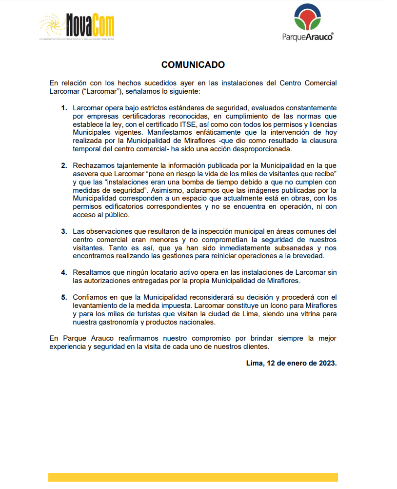 Parque Arauco sobre cierre de Larcomar: "Ha sido desproporcionado"