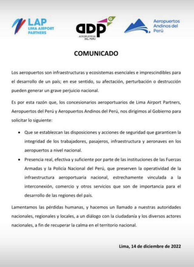 Aeropuertos del Perú exigen al gobierno garantizar seguridad de las terminales